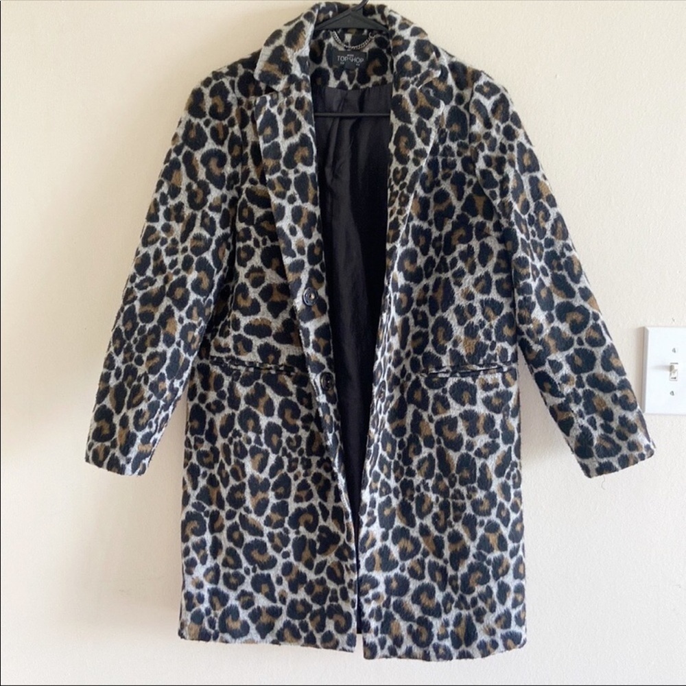 Topshop Wool Blend Leopard Print Peacoat